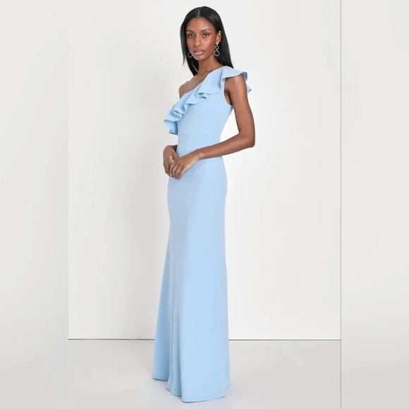 Lulus Last Forever Powder Blue One-Shoulder Ruffle Maxi Dress Wedding Party Prom - Picture 3 of 10
